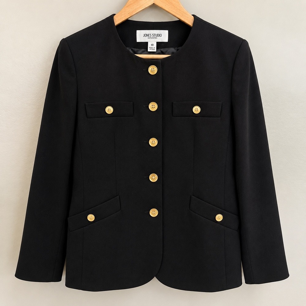 Jones Studio Separates Office Collarless Blazer Gold Button Jacket Womens 10